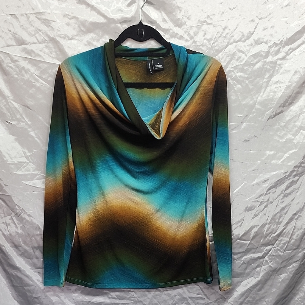 New Direction Gradient Knit Top Cowl Neck Blue Cream Brown Womens  SZ M